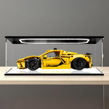 LEGO 42205 Chevrolet Corvette Stingray Mirror Acrylic Display Case with Ring Light & UV-Printed Background - Dustproof Showcase