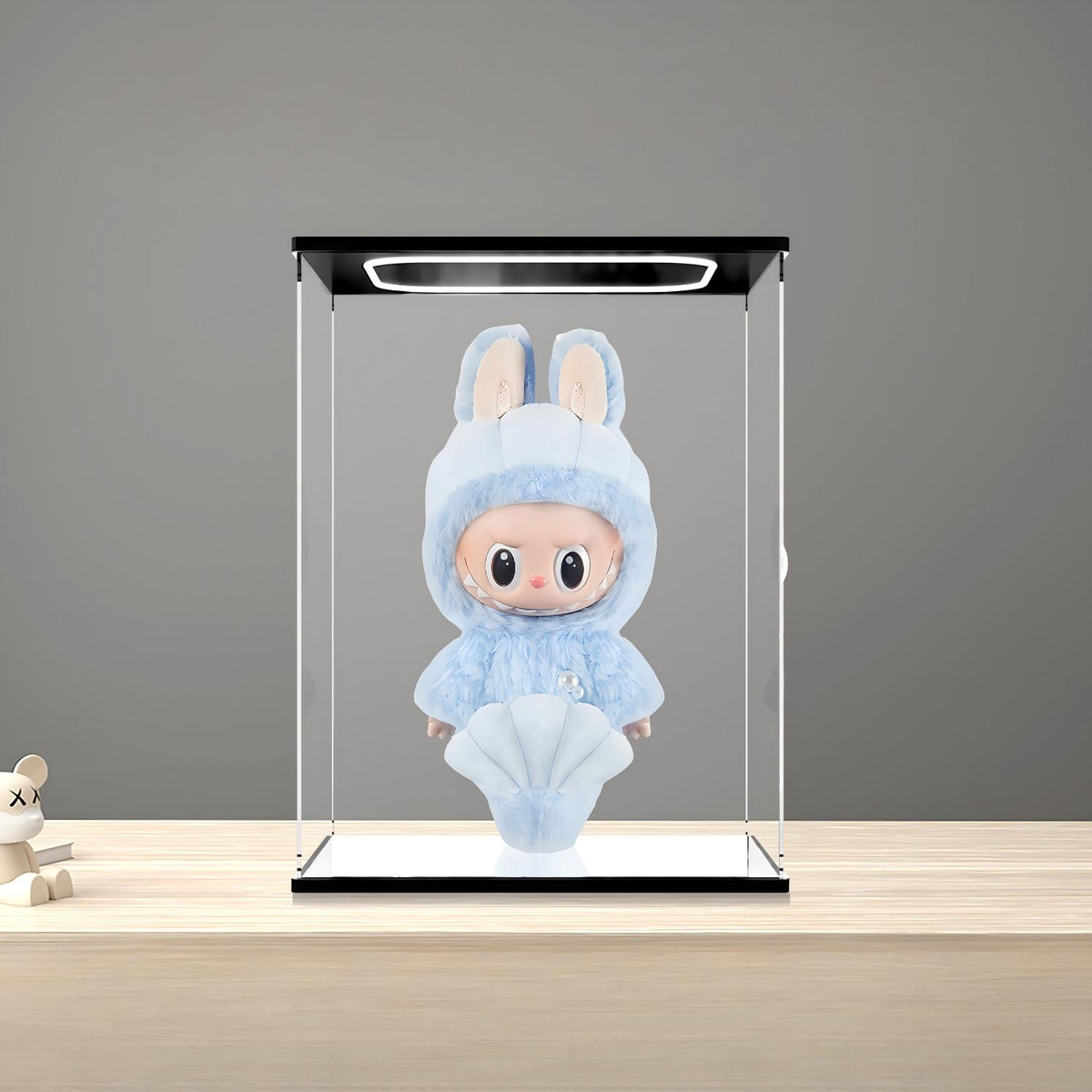 حالة عرض أكريليك مرآة Pop Mart Labubu Hide and Seek مع ضوء حلقي وخلفية مطبوعة بالأشعة فوق البنفسجية - صندوق عرض مقاوم للغبار