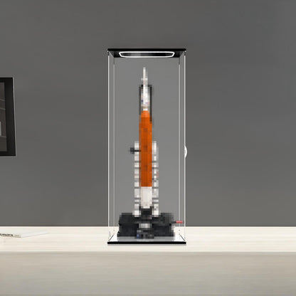 LEGO 42221 ناسا أرتيميس نظام إطلاق الفضاء صاروخ مرآة أكريليك صندوق عرض مع ضوء حلقي وخلفية مطبوعة بالأشعة فوق البنفسجية - عرض مقاوم للغبار