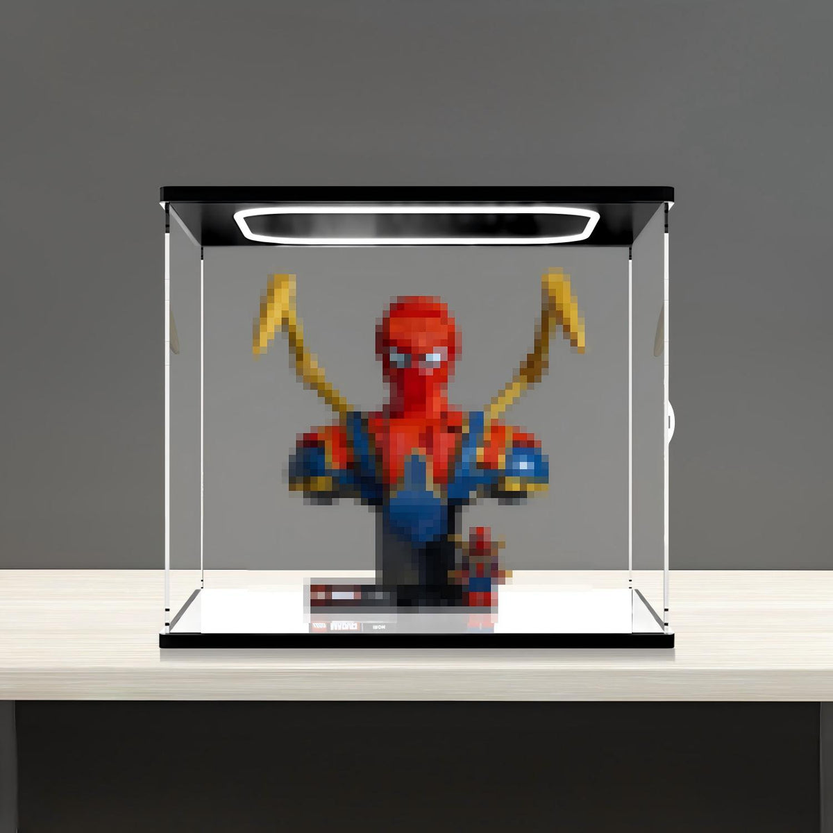 LEGO 76326 アイアン・スパイダーマン バスト ミラー アクリル ディスプレイケース リングライト＆UVプリント背景付き - 防塵ショーケース