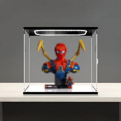 LEGO 76326 アイアン・スパイダーマン バスト ミラー アクリル ディスプレイケース リングライト＆UVプリント背景付き - 防塵ショーケース