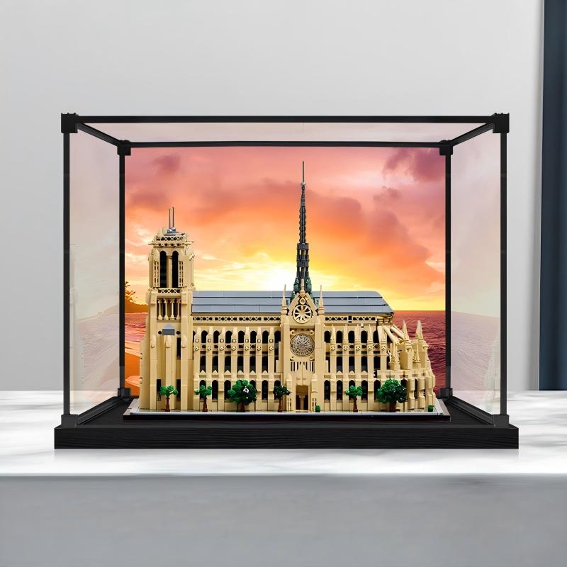 LEGO 21061 Notre-Dame de Paris Caixa de Exibição de Acrílico com Espelho com Luz de Anel e Fundo Impresso em UV - Vitrine à Prova de Poeira