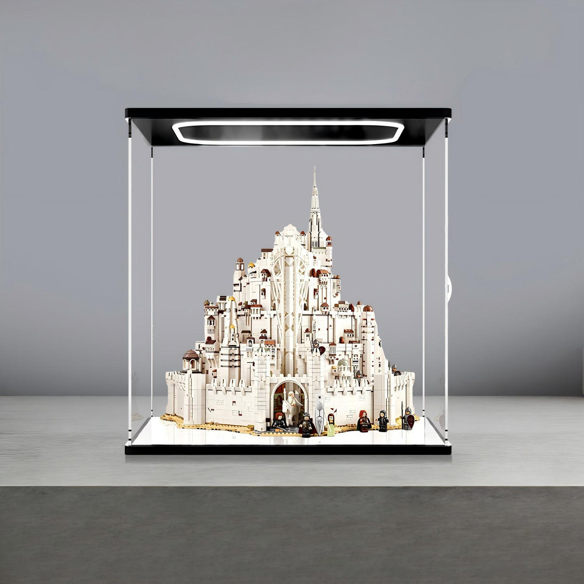LEGO 11377 Icons The Lord of the Rings: Minas Tirith Mirror Acrylic Display Case with Ring Light & UV-Printed Background - Dustproof Showcase