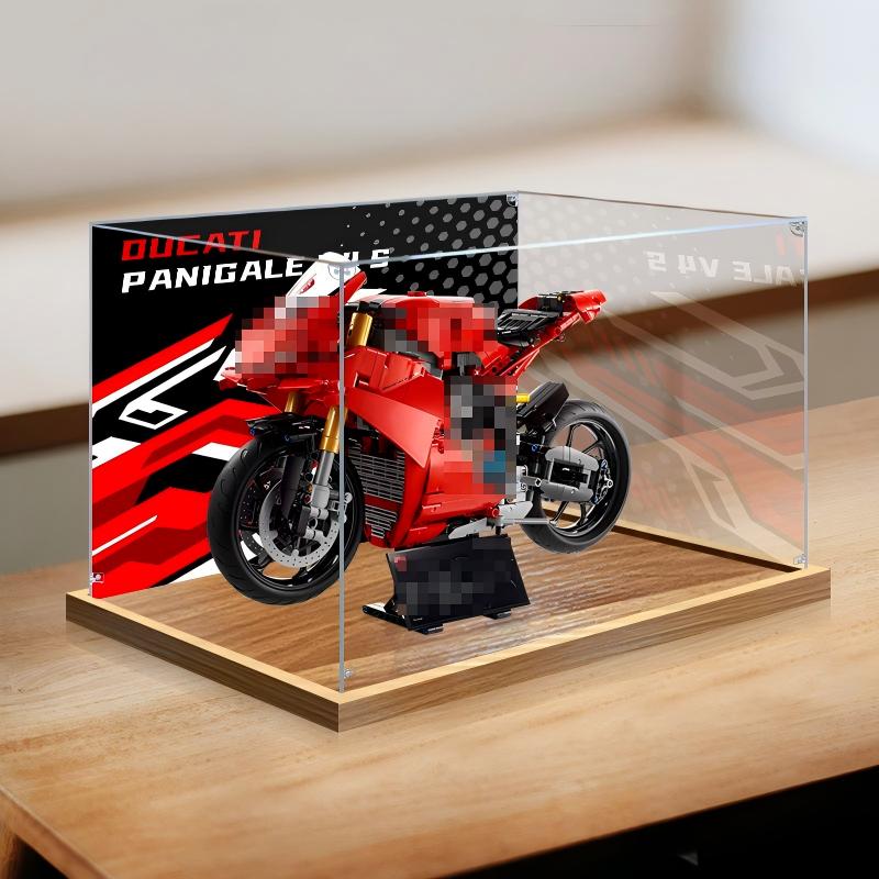 LEGO 42202 Ducati Panigale V4 S Vitrine de Exibição em Acrílico com Espelho, Luz Anelar e Fundo Impresso em UV - Vitrine à Prova de Poeira