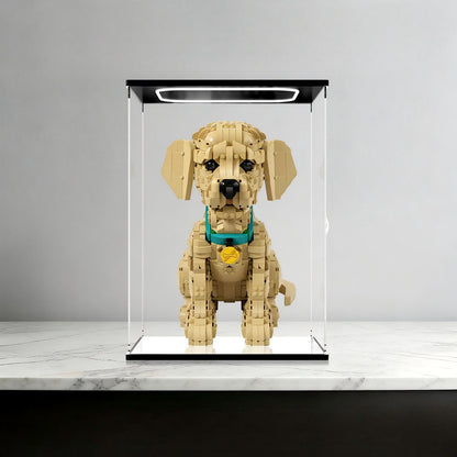 LEGO 11384 Vitrine de Exposição em Acrílico com Espelho para Filhote de Golden Retriever com Anel de Luz e Fundo Impresso em UV - Vitrine à Prova de Poeira