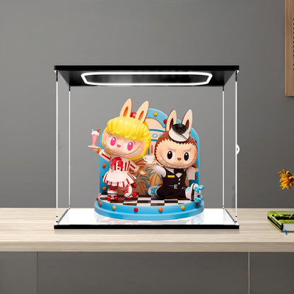Pop Mart THE MONSTERS LABUBU Diner Spiegel Acryl Displaydoos met Ringlicht & UV-bedrukte Achtergrond - Stofvrije Vitrine