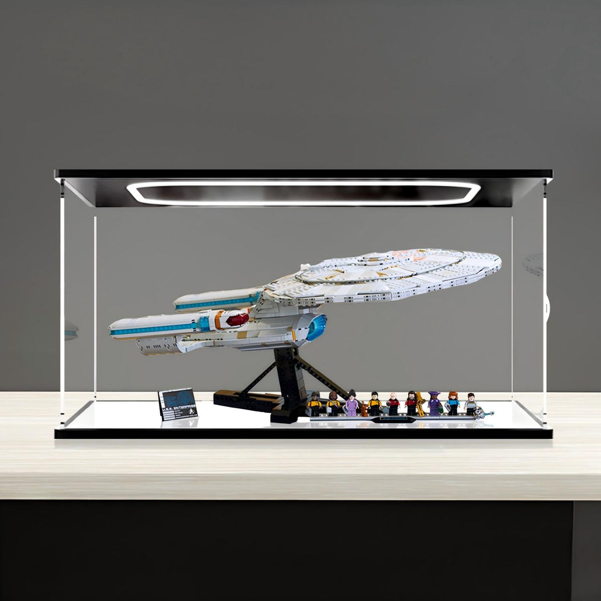 LEGO 10356 U.S.S. Enterprise NCC-1701-D Mirror Acrylic Display Case with Ring Light & UV-Printed Background - Dustproof Showcase