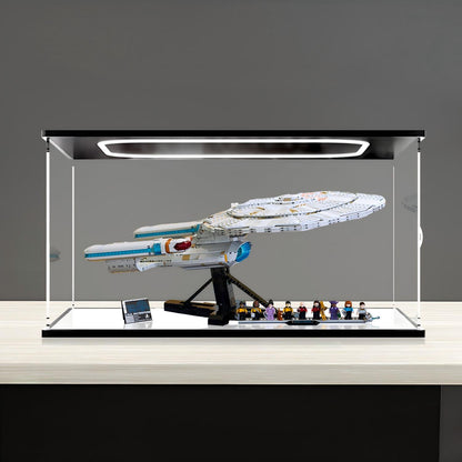 LEGO 10356 U.S.S. Enterprise NCC-1701-D Mirror Acrylic Display Case with Ring Light & UV-Printed Background - Dustproof Showcase
