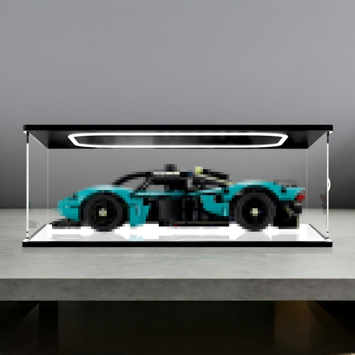LEGO 42208 Aston Martin Valkyrie Spiegel-Acryl-Vitrine mit Ringlicht & UV-bedrucktem Hintergrund - Staubdichte Präsentationsvitrine