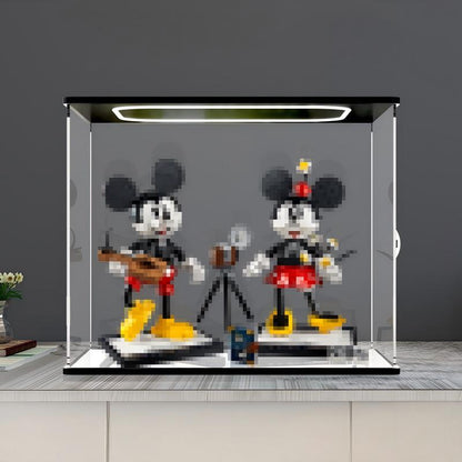 LEGO 43179 Mickey Mouse & Minnie Mouse Spiegel-Acryl-Vitrine mit Ringlicht & UV-bedrucktem Hintergrund - Staubgeschützte Ausstellungsvitrine