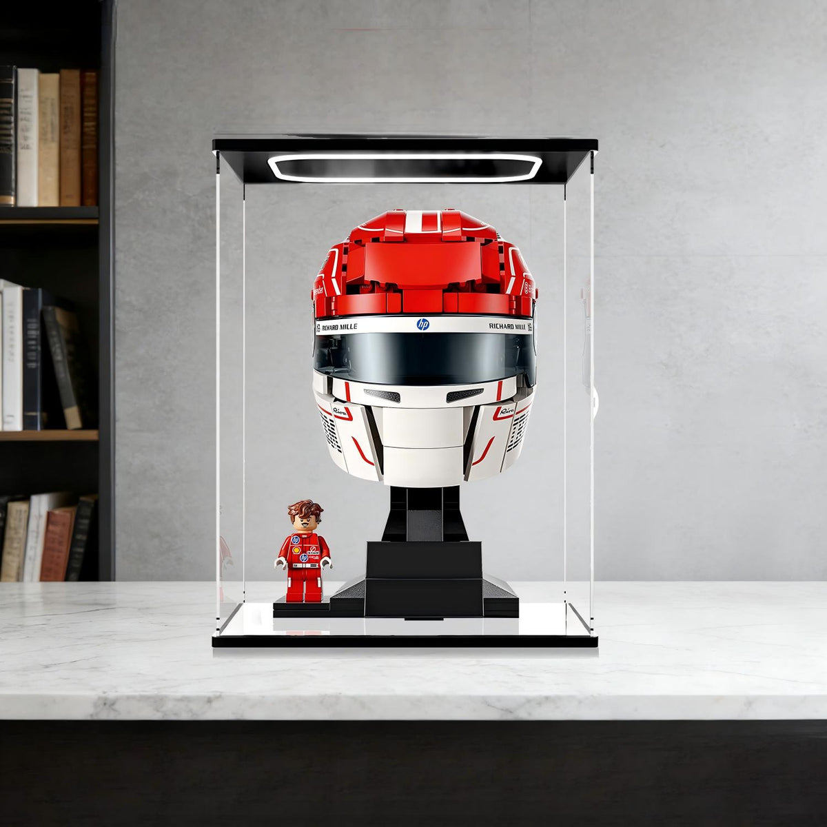 LEGO 43014 Scuderia Ferrari HP Charles Leclerc Helmet Mirror Acrylic Display Case with Ring Light & UV-Printed Background - Dustproof Showcase