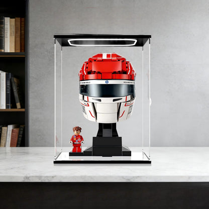 LEGO 43014 Scuderia Ferrari HP Charles Leclerc Helmet Mirror Acrylic Display Case with Ring Light & UV-Printed Background - Dustproof Showcase
