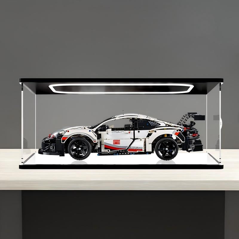 LEGO 42096 Porsche 911 RSR Vetrina Acrilica con Anello Luminoso e Sfondo Stampato UV - Custodia Antipolvere