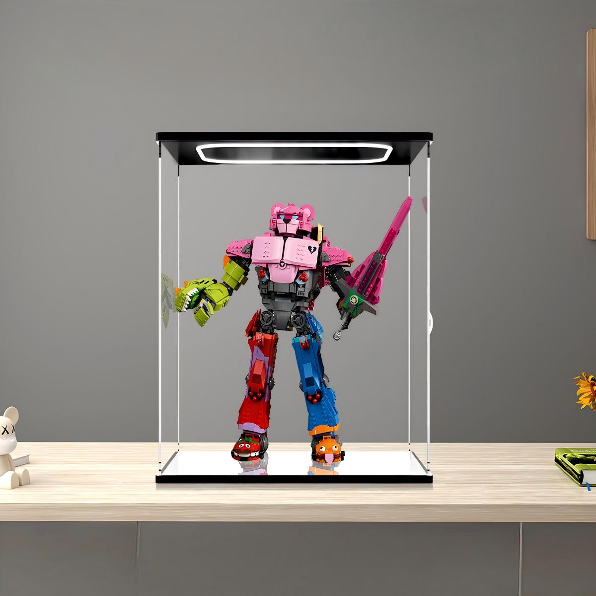 LEGO 77078 Mecha Team Leader حافظة عرض أكريليك مرآة مع ضوء حلقي وخلفية مطبوعة بالأشعة فوق البنفسجية - واجهة عرض مقاومة للغبار
