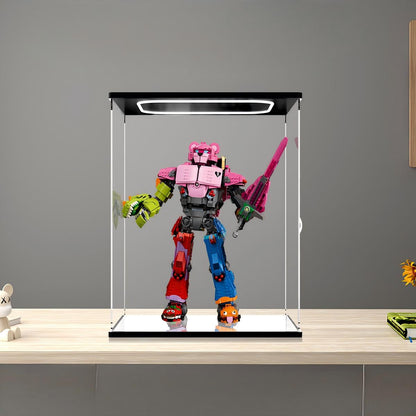 LEGO 77078 Mecha Team Leader حافظة عرض أكريليك مرآة مع ضوء حلقي وخلفية مطبوعة بالأشعة فوق البنفسجية - واجهة عرض مقاومة للغبار