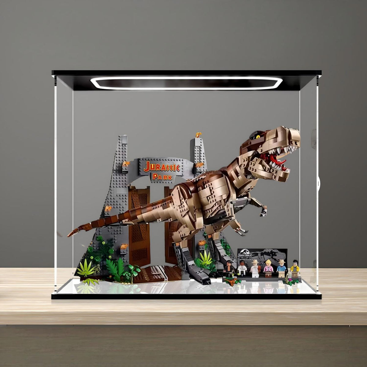 LEGO 75936 Jurassic Park: T. rex Rampage Mirror Acrylic Display Case with Ring Light & UV-Printed Background - Dustproof Showcase