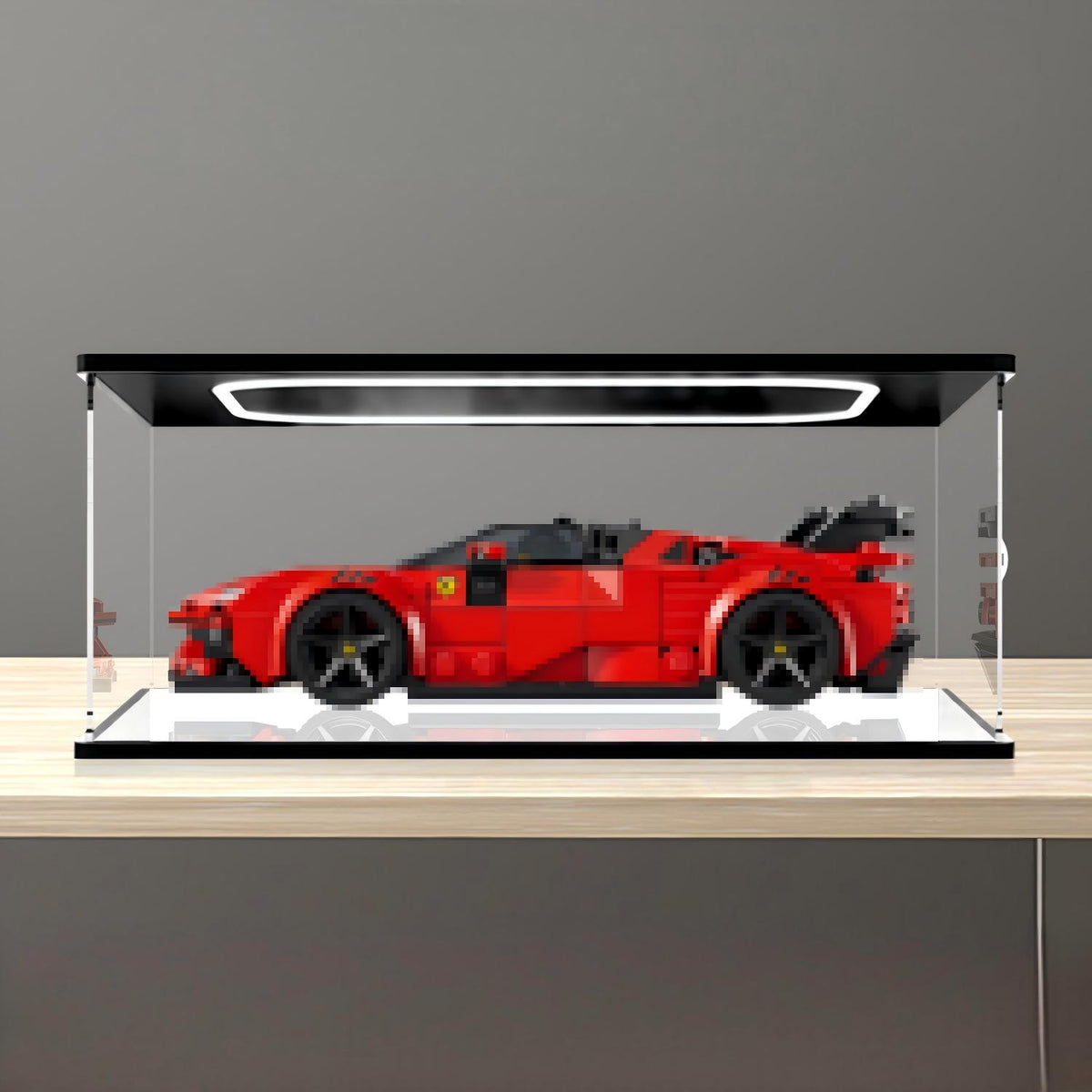 LEGO 77254 Ferrari SF90 XX Stradale Mirror Acrylic Display Case with Ring Light & UV-Printed Background - Dustproof Showcase