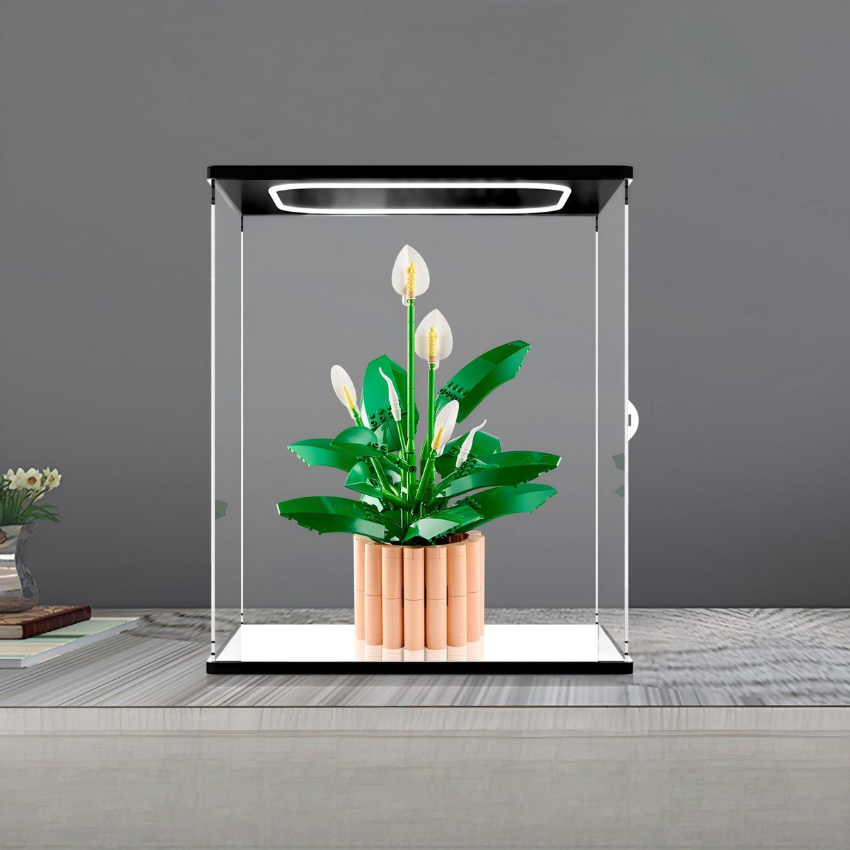 LEGO 11504 Peace Lily Vitrine de Exibição em Acrílico com Espelho, Anel de Luz e Fundo Impresso em UV - Vitrine à Prova de Poeira