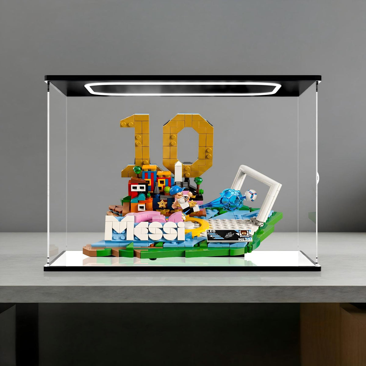 LEGO 43011 Lionel Messi - Soccer Highlights Mirror Acrylic Display Case with Ring Light & UV-Printed Background - Dustproof Showcase