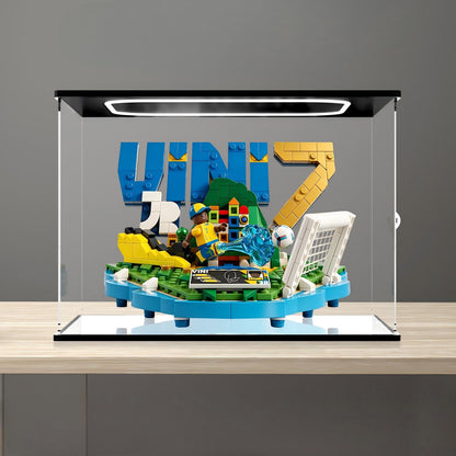 LEGO 43027 Vini Jr. - Soccer Highlights Mirror Acrylic Display Case with Ring Light & UV-Printed Background - Dustproof Showcase