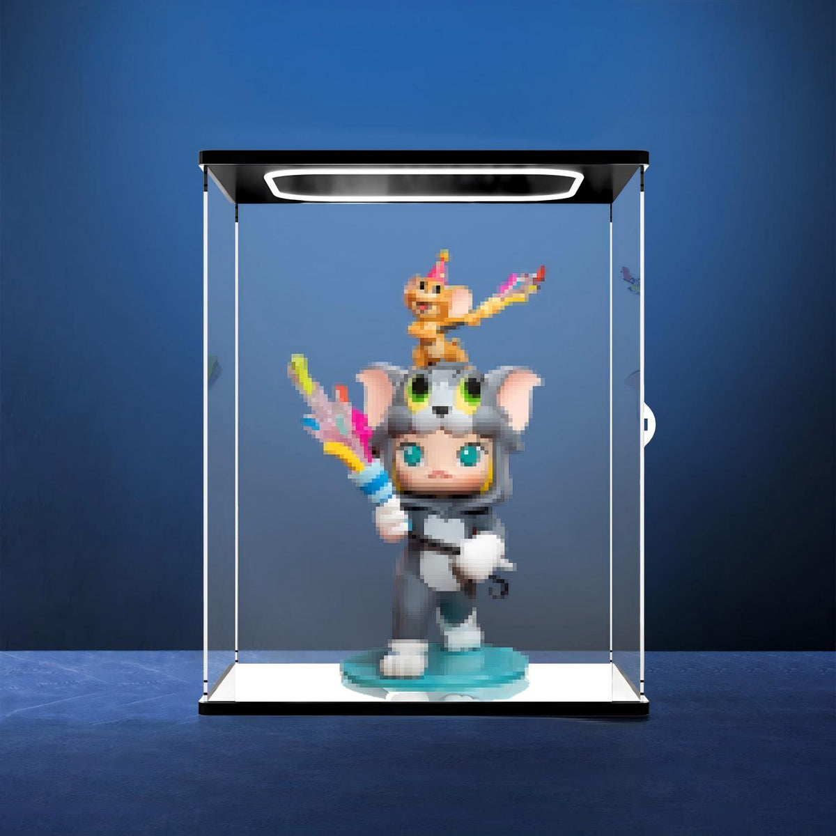 Pop Mart Molly Tom og Jerry Spejl Akryl Udstillingsæske med Ringlys & UV-printet Baggrund - Støvtæt Vitrine