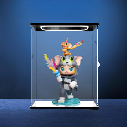 Pop Mart Molly Tom og Jerry Spejl Akryl Udstillingsæske med Ringlys & UV-printet Baggrund - Støvtæt Vitrine