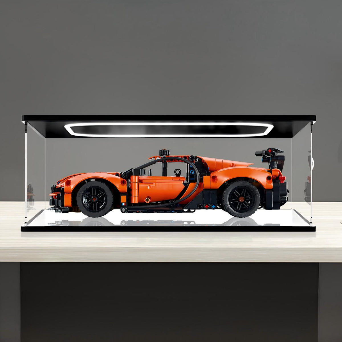 LEGO 42222 Bugatti Chiron Pur Sport Mirror Acrylic Display Case with Ring Light & UV-Printed Background - Dustproof Showcase
