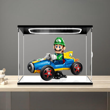 LEGO 72050 Mario Kart - Luigi & Mach 8 Vetrina espositiva in acrilico specchiato con luce ad anello e sfondo stampato UV - Espositore antipolvere