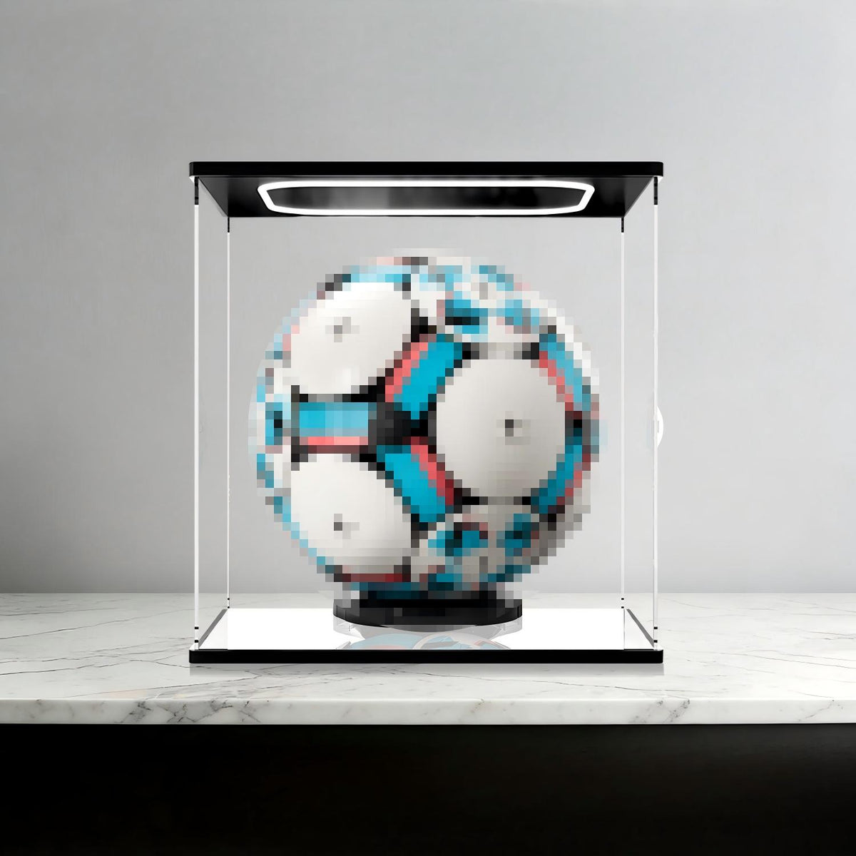 LEGO 43019 Soccer Ball Mirror Acrylic Display Case with Ring Light & UV-Printed Background - Dustproof Showcase