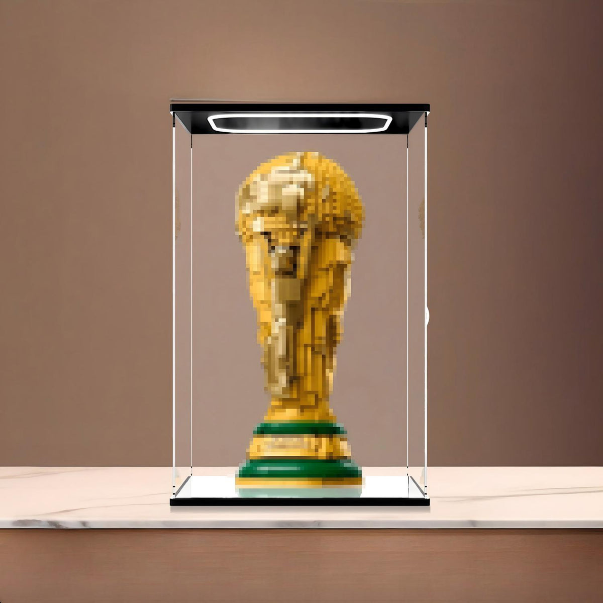 LEGO 43020 كأس العالم الرسمي FIFA غطاء عرض أكريليك مرآة مع إضاءة حلقية وخلفية مطبوعة بالأشعة فوق البنفسجية - صندوق عرض مقاوم للغبار