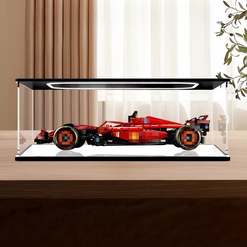 LEGO 42207 Ferrari SF-24 Carro de F1 Vitrine de Exibição em Acrílico com Espelho, Luz Anelar e Fundo Impresso em UV - Vitrine à Prova de Poeira