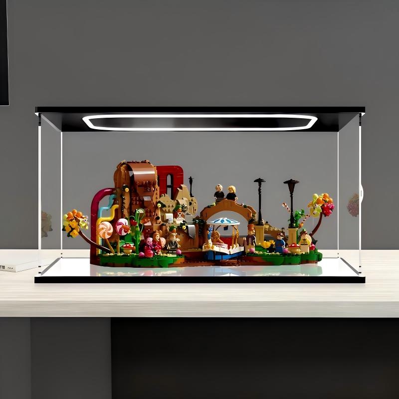 LEGO 21360 Willy Wonka & die Schokoladenfabrik Spiegel-Acryl-Vitrine mit Ringlicht & UV-bedrucktem Hintergrund - Staubdichte Präsentationsvitrine