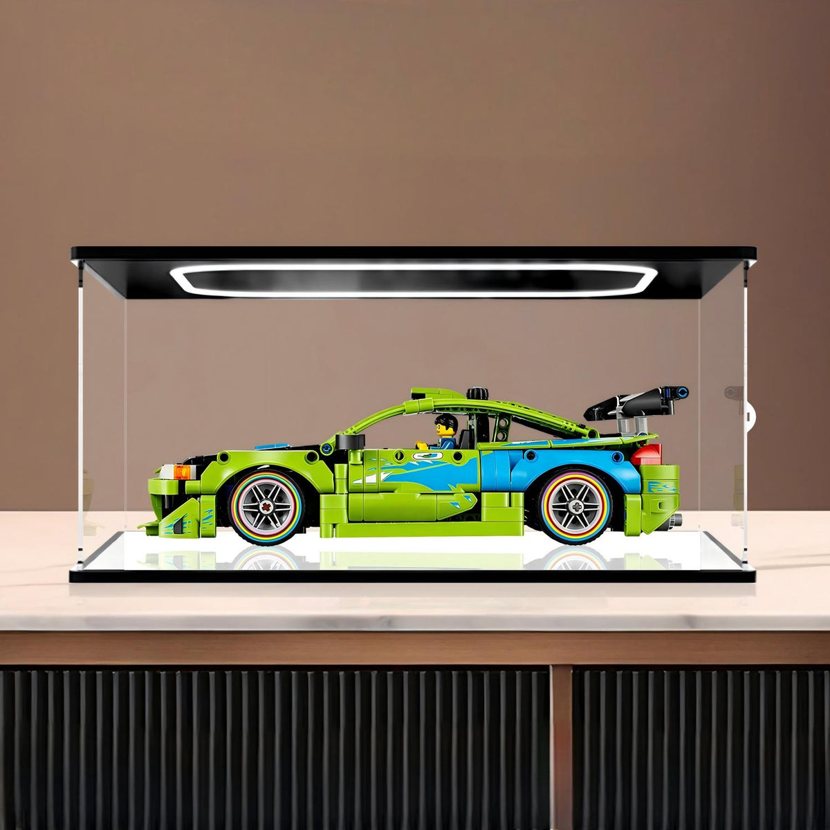 LEGO 42229 Technic Fast and Furious Mitsubishi Eclipse Car Mirror Acrylic Display Case with Ring Light & UV-Printed Background - Dustproof Showcase