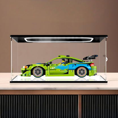 LEGO 42229 Technic Fast and Furious Mitsubishi Eclipse Car Mirror Acrylic Display Case with Ring Light & UV-Printed Background - Dustproof Showcase