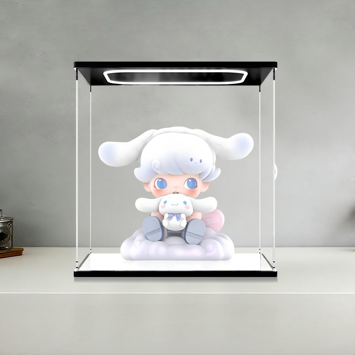 Pop Mart 可爱小狗镜面亚克力展示盒，带环形灯和UV印刷背景 - 防尘展示柜