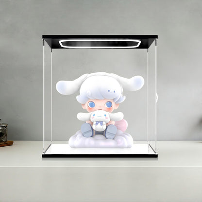 Pop Mart 可爱小狗镜面亚克力展示盒，带环形灯和UV印刷背景 - 防尘展示柜