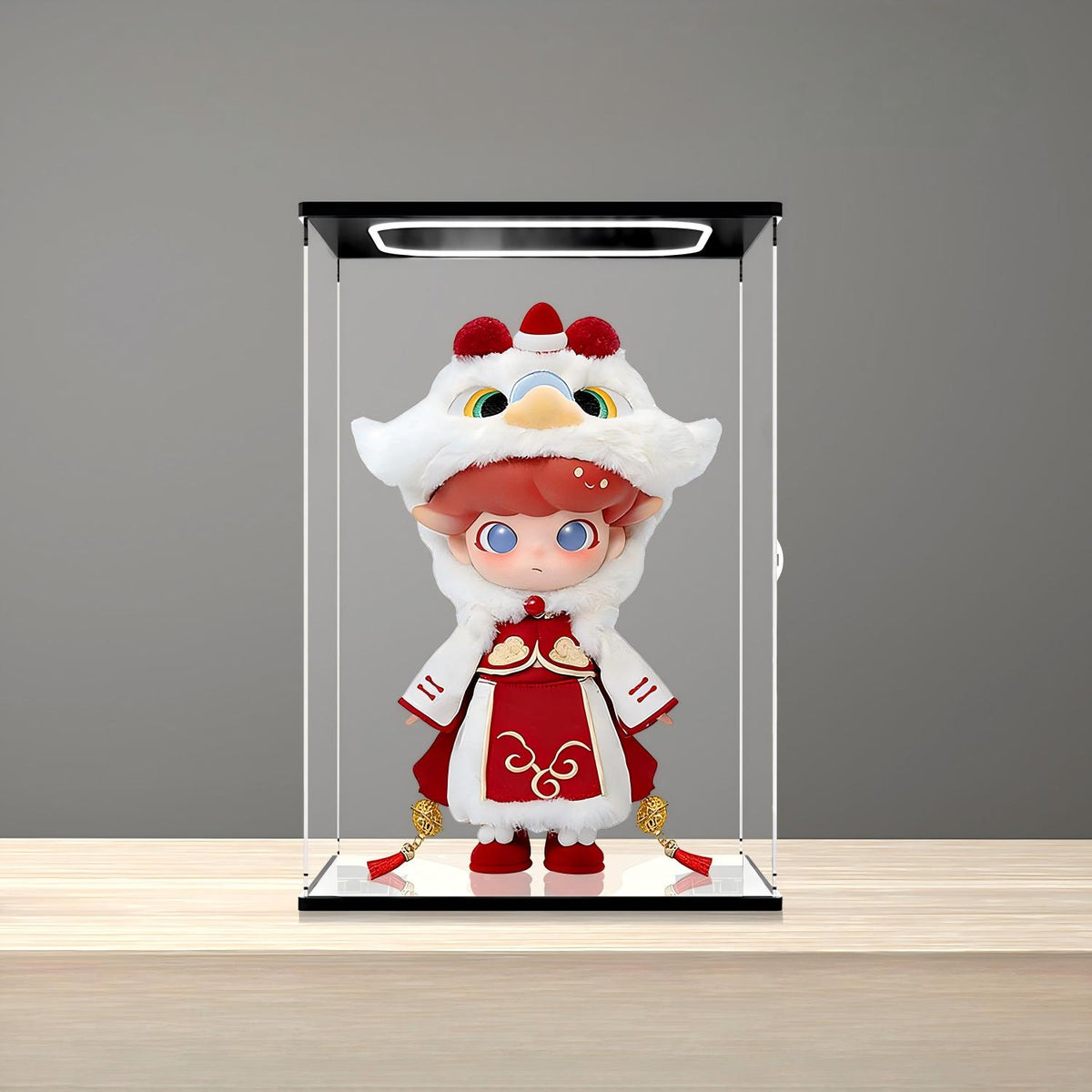 Pop Mart Dimoo Lion Dance Mirror Acrylic Display Case with Ring Light & UV-Printed Background - Dustproof Showcase