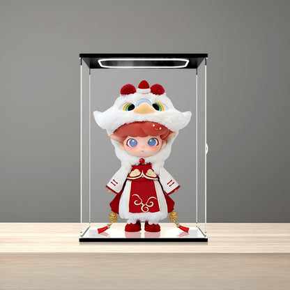 Pop Mart Dimoo Lion Dance Mirror Acrylic Display Case with Ring Light & UV-Printed Background - Dustproof Showcase