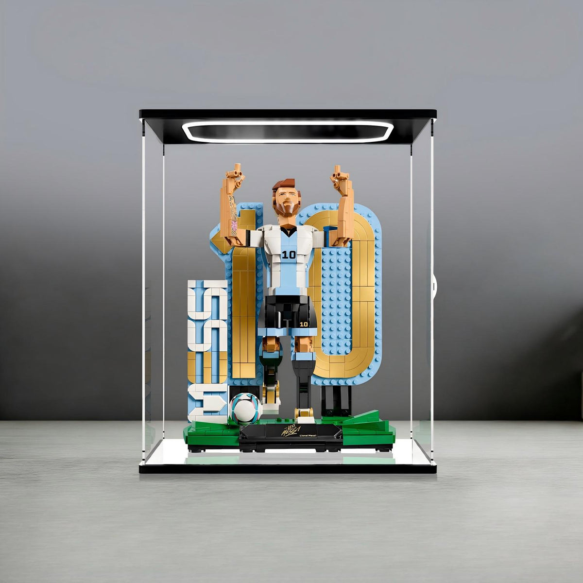 LEGO 43015 Lionel Messi - Soccer Legend Mirror Acrylic Display Case with Ring Light & UV-Printed Background - Dustproof Showcase