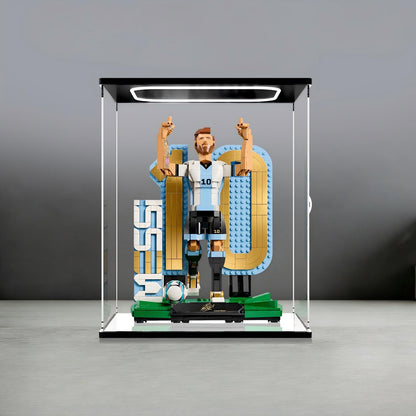 LEGO 43015 Lionel Messi - Soccer Legend Mirror Acrylic Display Case with Ring Light & UV-Printed Background - Dustproof Showcase
