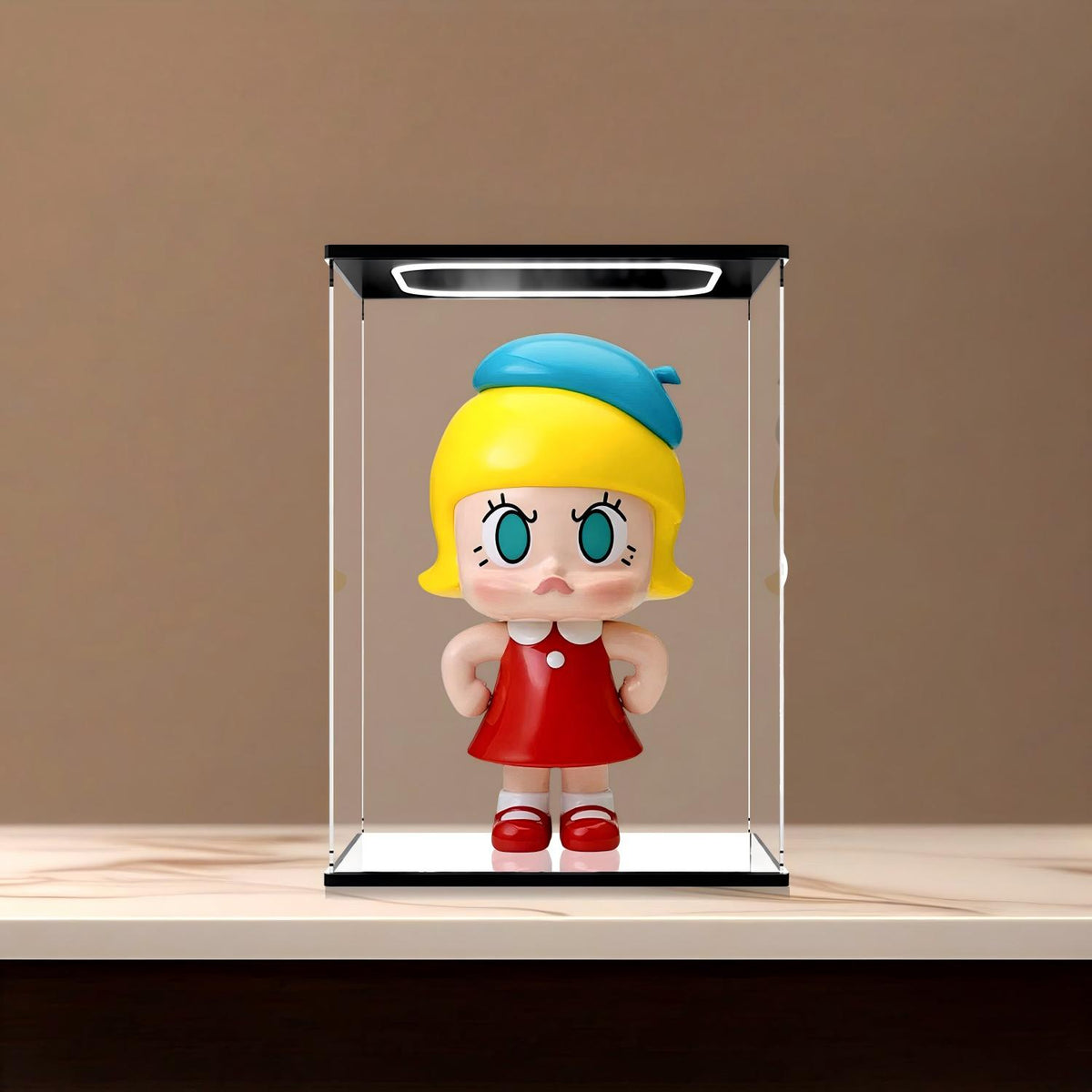 Pop Mart Angry Molly Mirror Acrylic Display Case with Ring Light & UV-Printed Background - Dustproof Showcase