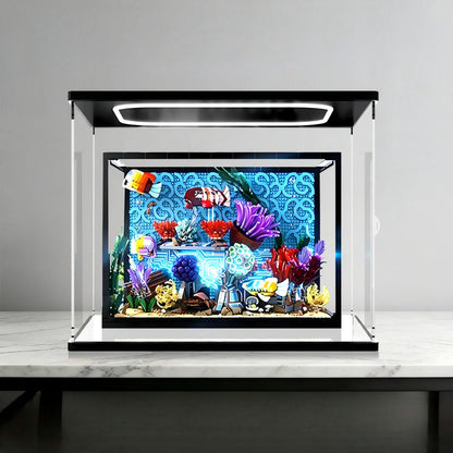 LEGO 10366 Tropisches Aquarium Spiegel Acryl Vitrine mit Ringlicht & UV-bedrucktem Hintergrund - Staubdichte Ausstellung