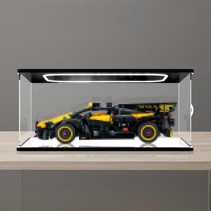 LEGO 42151 Bugatti Bolide Akryl Udstillingsæske med Ringlys og UV-printet Baggrund - Støvtæt Vitrine