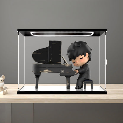 Caixa de Exibição de Acrílico Espelhado da Série Pop Mart Hirono Piano com Luz de Anel e Fundo Impresso em UV - Vitrine à Prova de Poeira