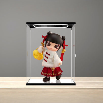 Pop Mart Molly Fortune Collection Mirror Acrylic Display Case with Ring Light & UV-Printed Background - Dustproof Showcase
