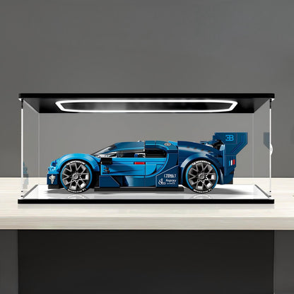 LEGO 77253 Bugatti Vision Gran Turismo Vitrine d'affichage en acrylique avec miroir, anneau lumineux et fond imprimé UV - Présentoir anti-poussière
