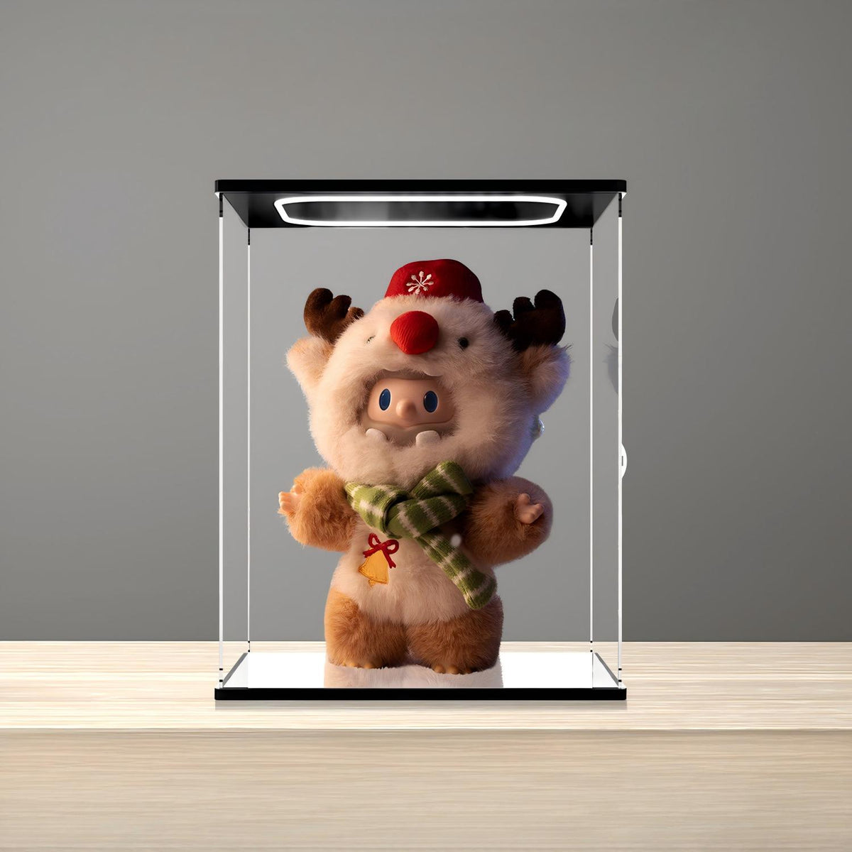 Pop Mart Furry Rudolph Bob Series Mirror Acrylic Display Case with Ring Light & UV-Printed Background - Dustproof Showcase