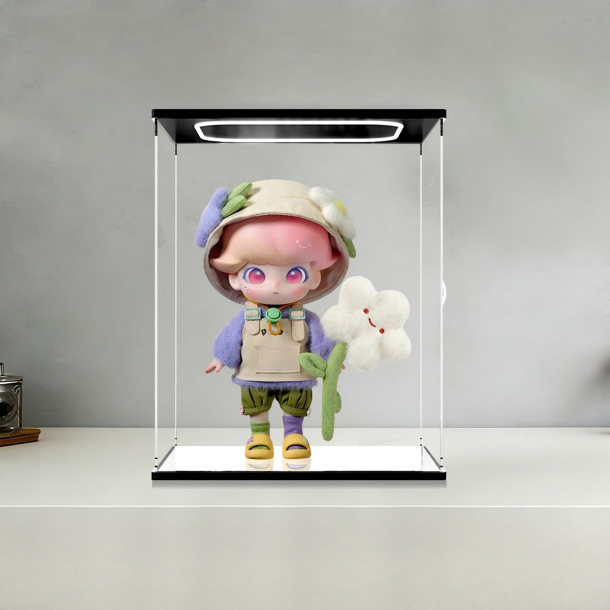 Vetrina Acrilica per Pop Mart DIMOO Series con Luci ad Anello e Sfondo Stampato UV - Espositore Antipolvere