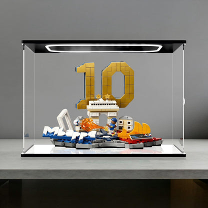 LEGO 43013 Kylian Mbappé - Soccer Highlights Mirror Acrylic Display Case with Ring Light & UV-Printed Background - Dustproof Showcase