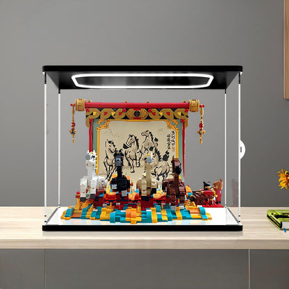 LEGO 80119 Galloping Horses Canvas Mirror Acrylic Display Case con Ring Light e Sfondo Stampato UV - Vetrina Antipolvere